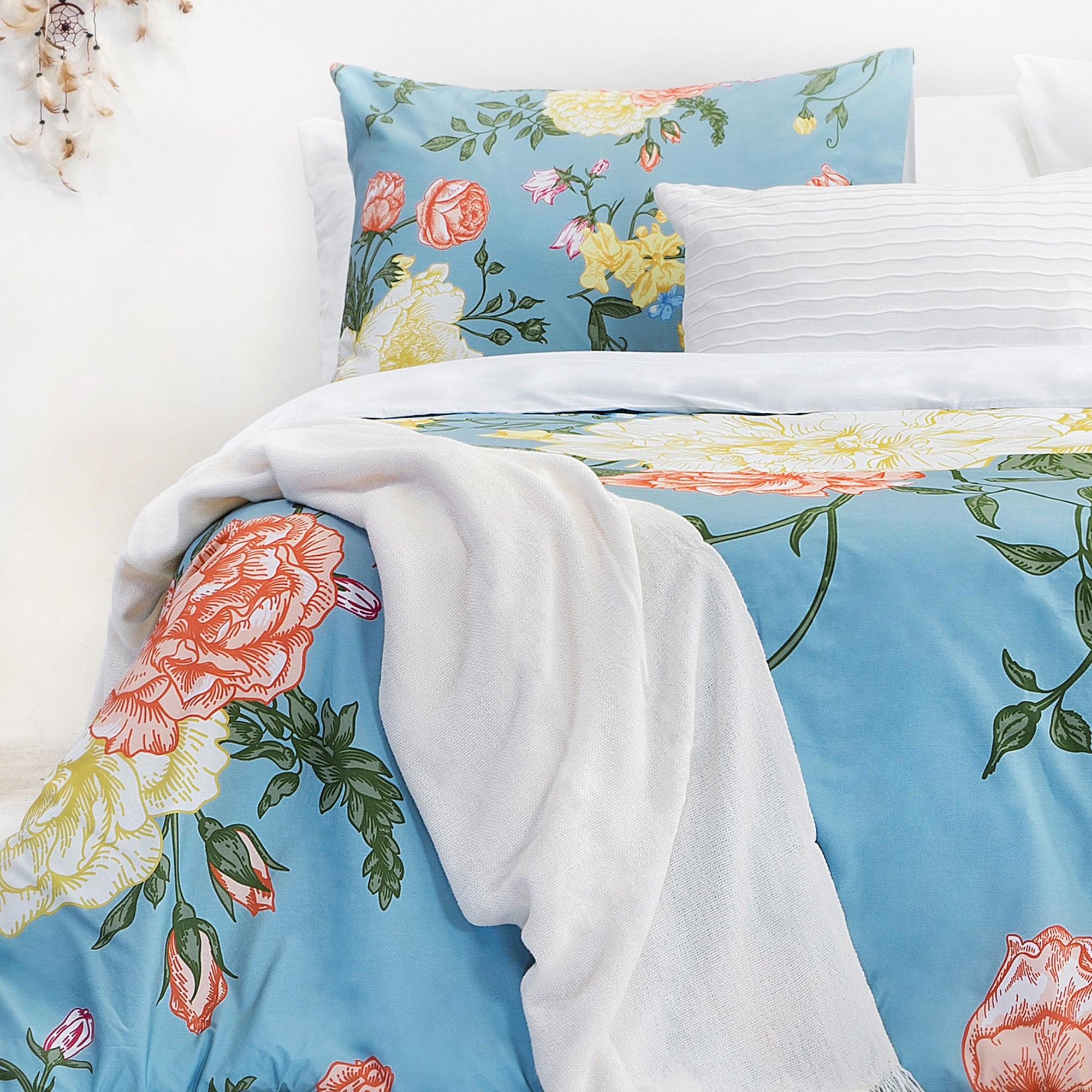 Blue and White Floral Bedding Striped Duvet Cover Set