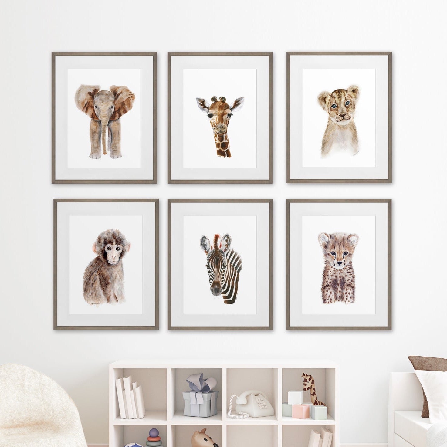 Framed Safari Nursery Art Baby Animal Print Set Of 6 Tiny Toes