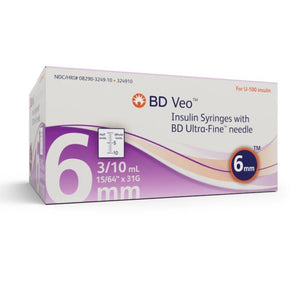 Veo 31g 15 64in 6mm 3 10cc Half Unit Ultra Fine U100 Syringes Discreet Diabetes Supplies