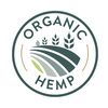 Organic Hemp icon in green with field and crops growing graphic in middle