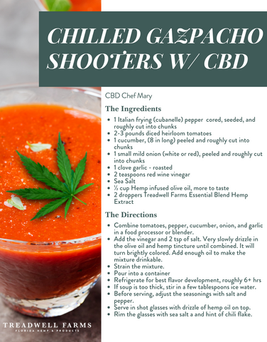 chilled gazpacho shooters with cbd recipe and picture of glass dish with gazpacho and hemp leave on top
