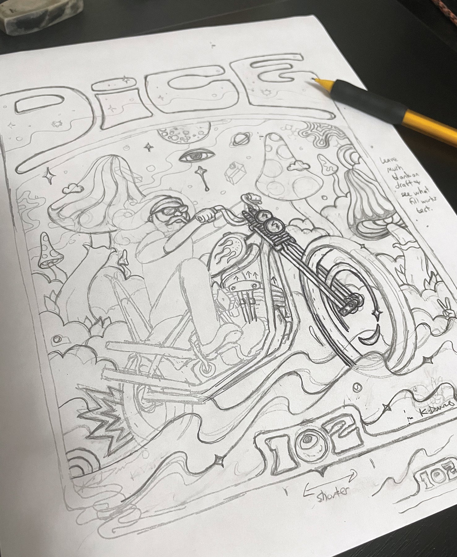 Dice magazine cover illustration Kurt Diserio psychedelic motorcycle chopper art
