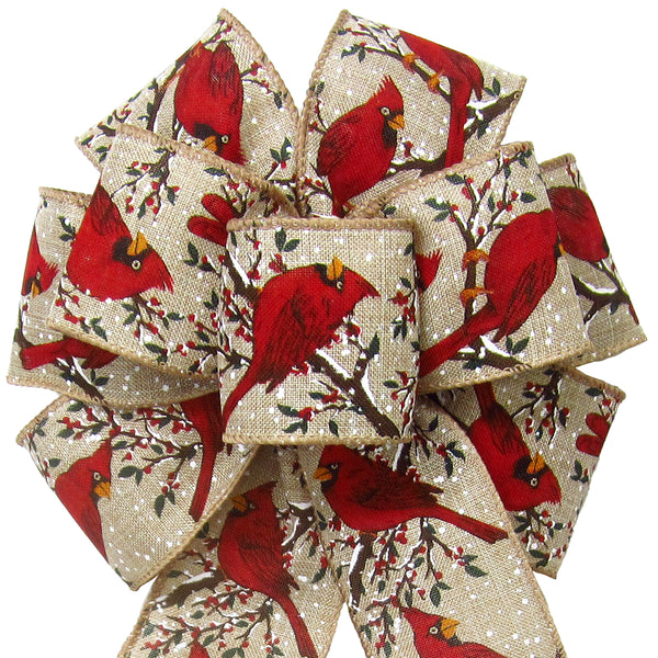 10 Yards - 2.5” Wired Snowy Birch Tree Red Cardinal Winter Ribbon with  Glitter Accent