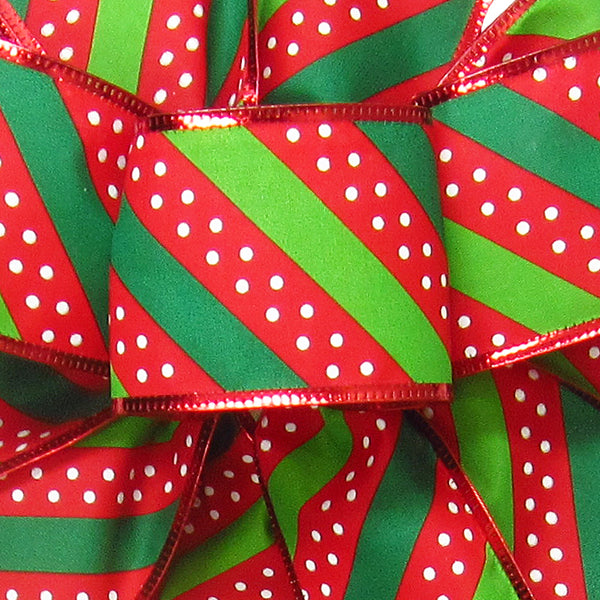 2.5 Dotty Stripe Christmas Ribbon: Red, Lime, White (10 Yards)  [X918040-02] 