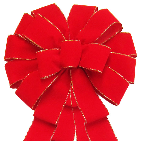 Hand tied Bows - Wired Indoor Outdoor Bright Red Velvet Bow 8 Inch