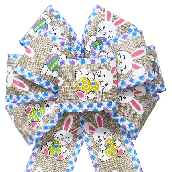 Wired Easter Bunnies & Eggs Natural Bow (2.5