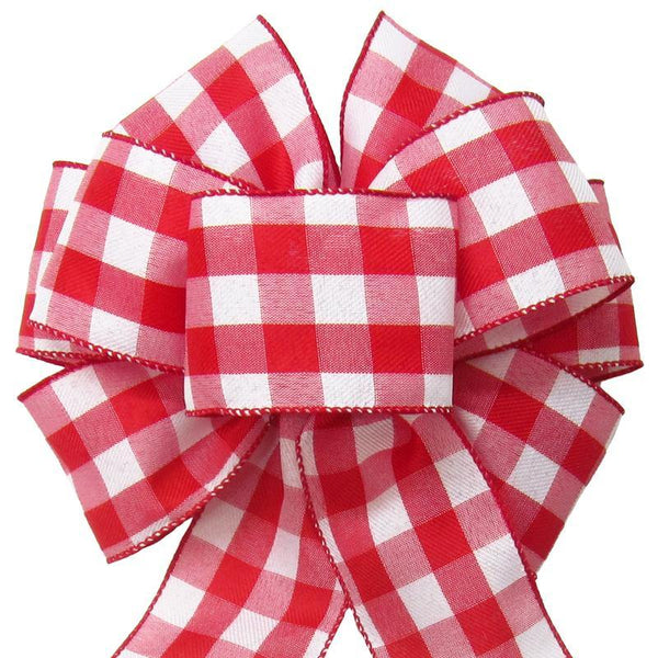 Hand tied Bows - Wired Buffalo Plaid Pink & White Linen Bow 8