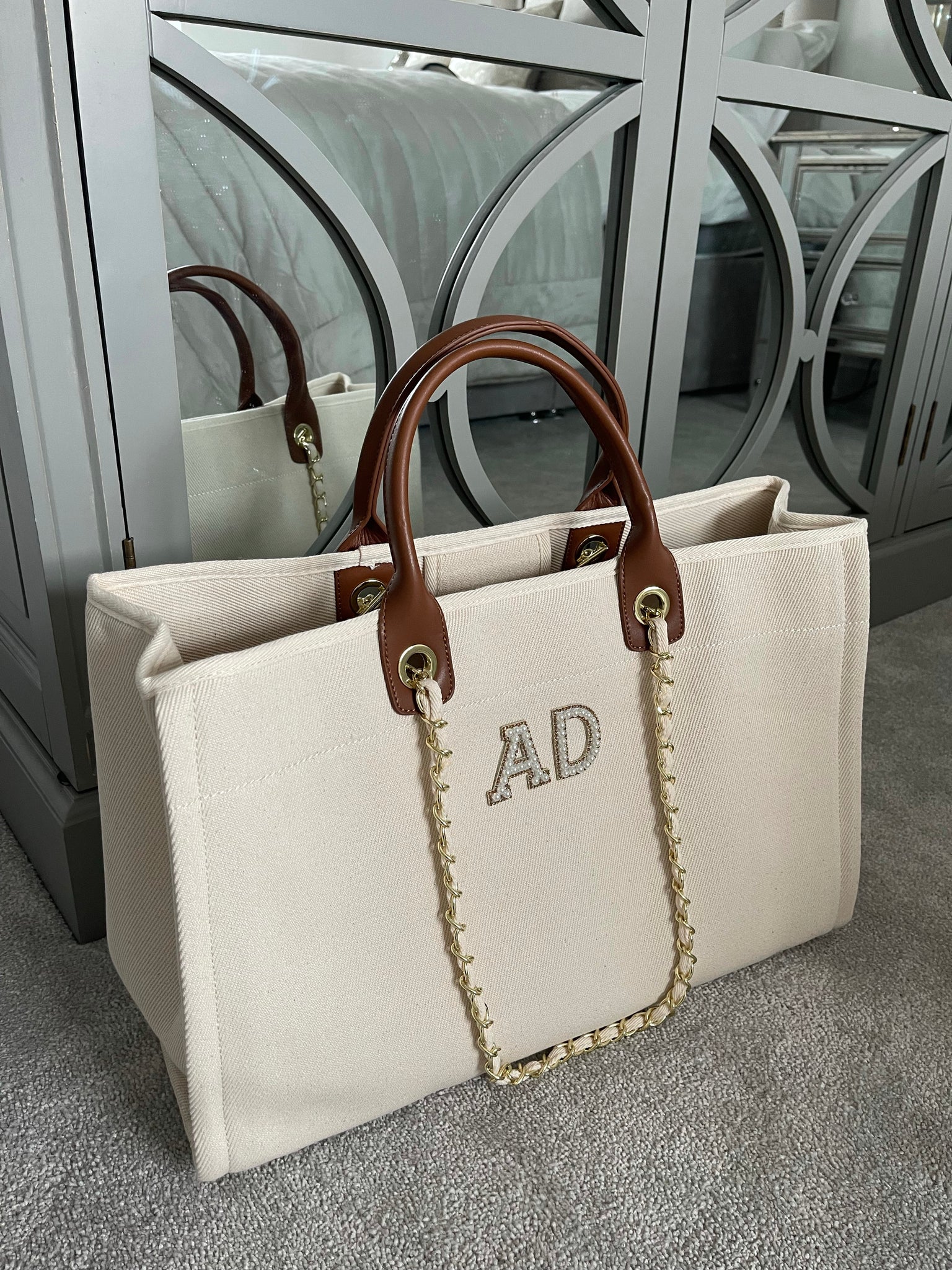 chanel canvas tote with pearls