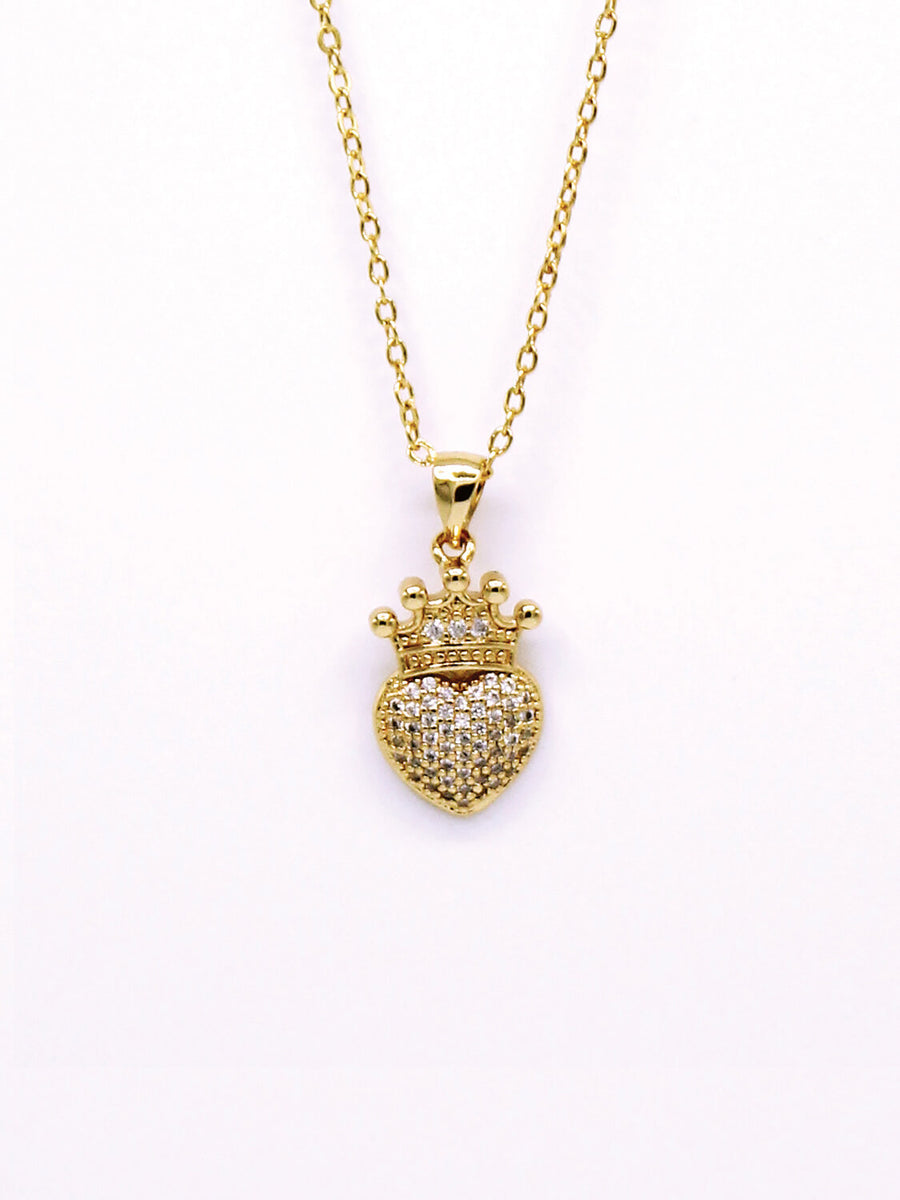 18K Gold Plated Zirconia Stone King Crown and Heart Pendant