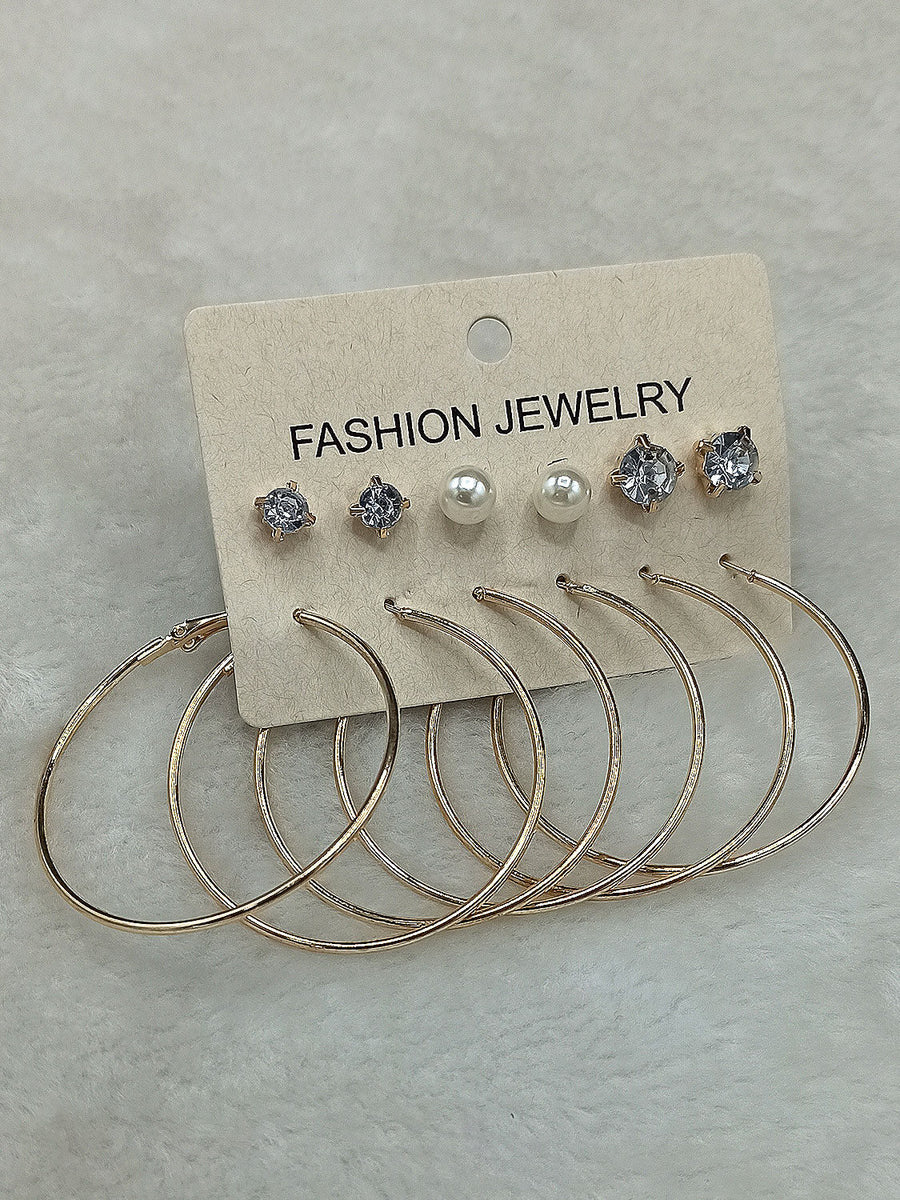 Pack of 3 Assorted and Pearl Tops and Assorted Medium Sizes Circular Hoop Earrings Set