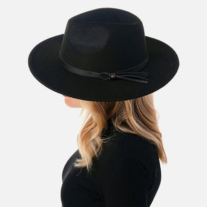 Black Blended Wool Felt Hat Featuring Leather Band.