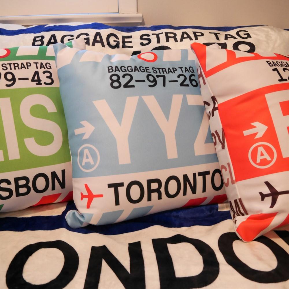 YHM Designs - MLB Melbourne Throw Pillow - Airport Code and Vintage Baggage Tag Design - Image 1