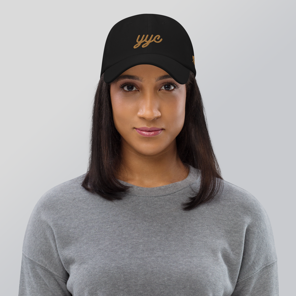 YHM Designs - YYC Calgary Airport Code Baseball Cap - Vintage Script Design - Old Gold Embroidery - Image 04