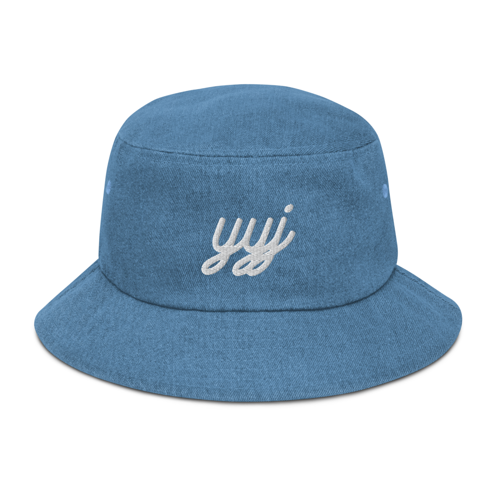 YHM Designs - YYJ Victoria Airport Code Denim Bucket Hat - Vintage Script Design - White Embroidery - Image 16