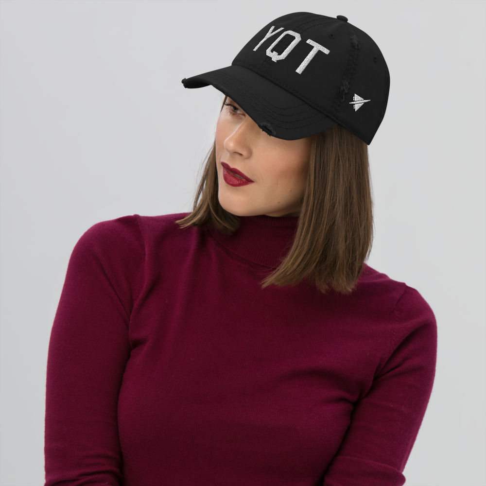 YHM Designs - YQT Thunder Bay Airport Code Distressed Dad Hat - Aircraft Registration Lettering Design - White Embroidery - Image 06