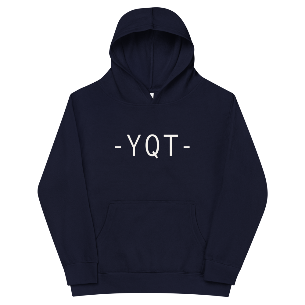 YHM Designs - YQT Thunder Bay Kids' Fleece Hoodie - Airport Code with Clean Lettering Design - White Graphic - Image 02