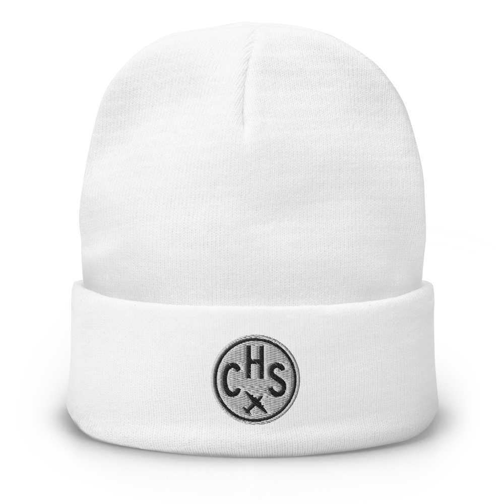 YHM Designs - CHS Charleston Beanie Winter Hat with Airport Code - Travel Gifts for Men and Women - Roundel Design with Vintage Airplane - White