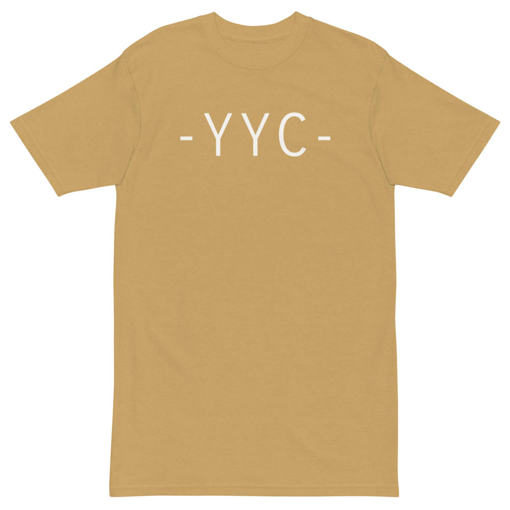 YHM Designs - YYC Calgary Men's Premium Heavyweight T-Shirt - Airport Code with Clean Lettering Design - White Graphic - Image 04