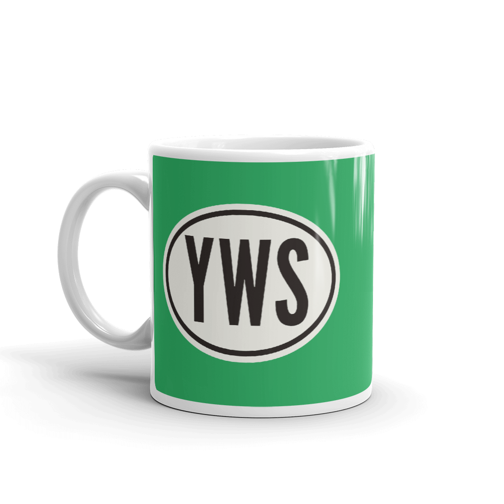 YHM Designs - YWS Whistler Airport Code Coffee Mug with Oval Car Sticker Design - Handle on Left