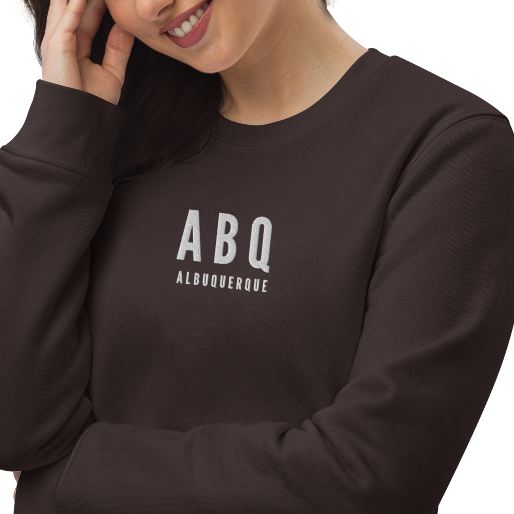 YHM Designs - ABQ Albuquerque Sustainable Eco Sweatshirt - Embroidered with City Name and Airport Code - Deep Chocolate Brown 02