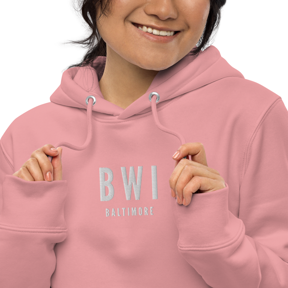 YHM Designs - BWI Baltimore-Washington Eco Hoodie - Embroidered with City Name and Airport Code - Canyon Pink 02