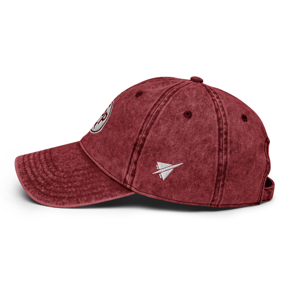 YHM Designs - MSP Minneapolis-St. Paul Airport Code Vintage Roundel Vintage Washed Baseball Cap - Travel Gifts for Men and Women - Maroon 03