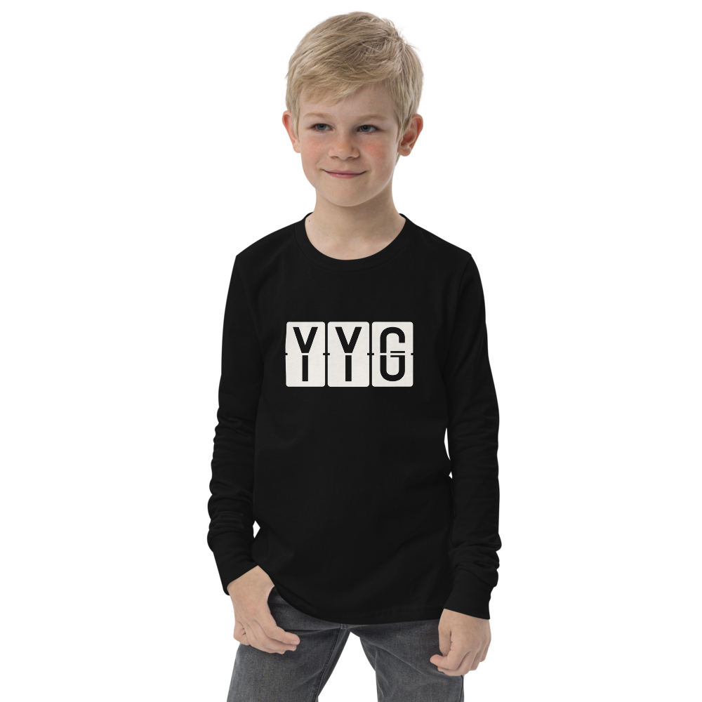 YHM Designs - YYG Charlottetown Airport Code Youth Long-Sleeve T-Shirt - Split-Flap Display Design - Image 05