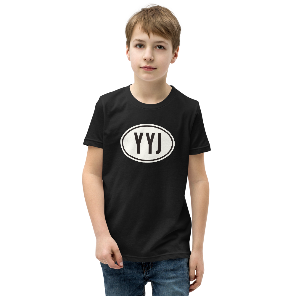 YHM Designs - YYJ Victoria Kid's T-Shirt - Airport Code with Oval Car Bumper Sticker Design - Child Youth - Black 1