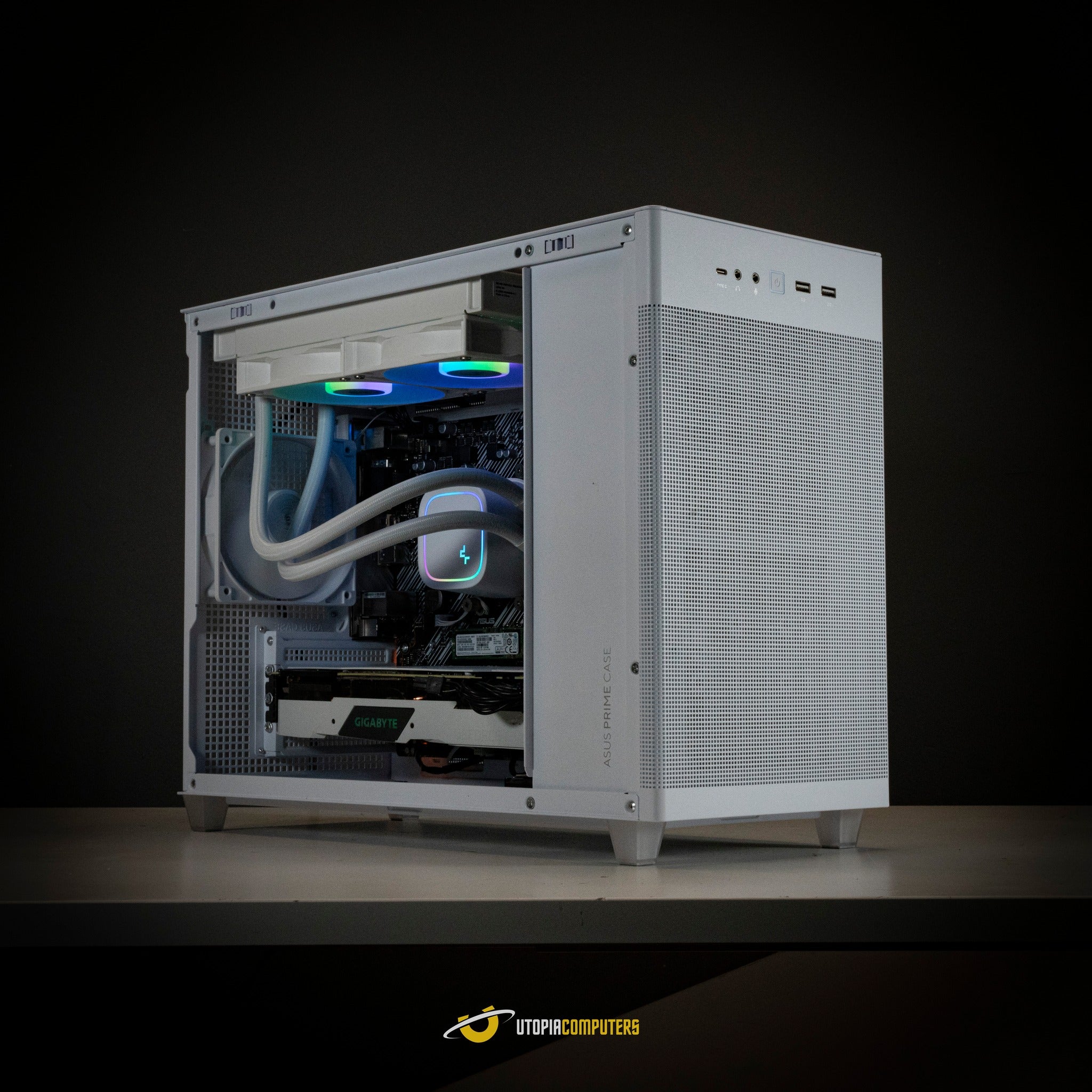 ASUS Prime Case in White - full build with DeepCool watercooler and Gigabyte GPU on display.