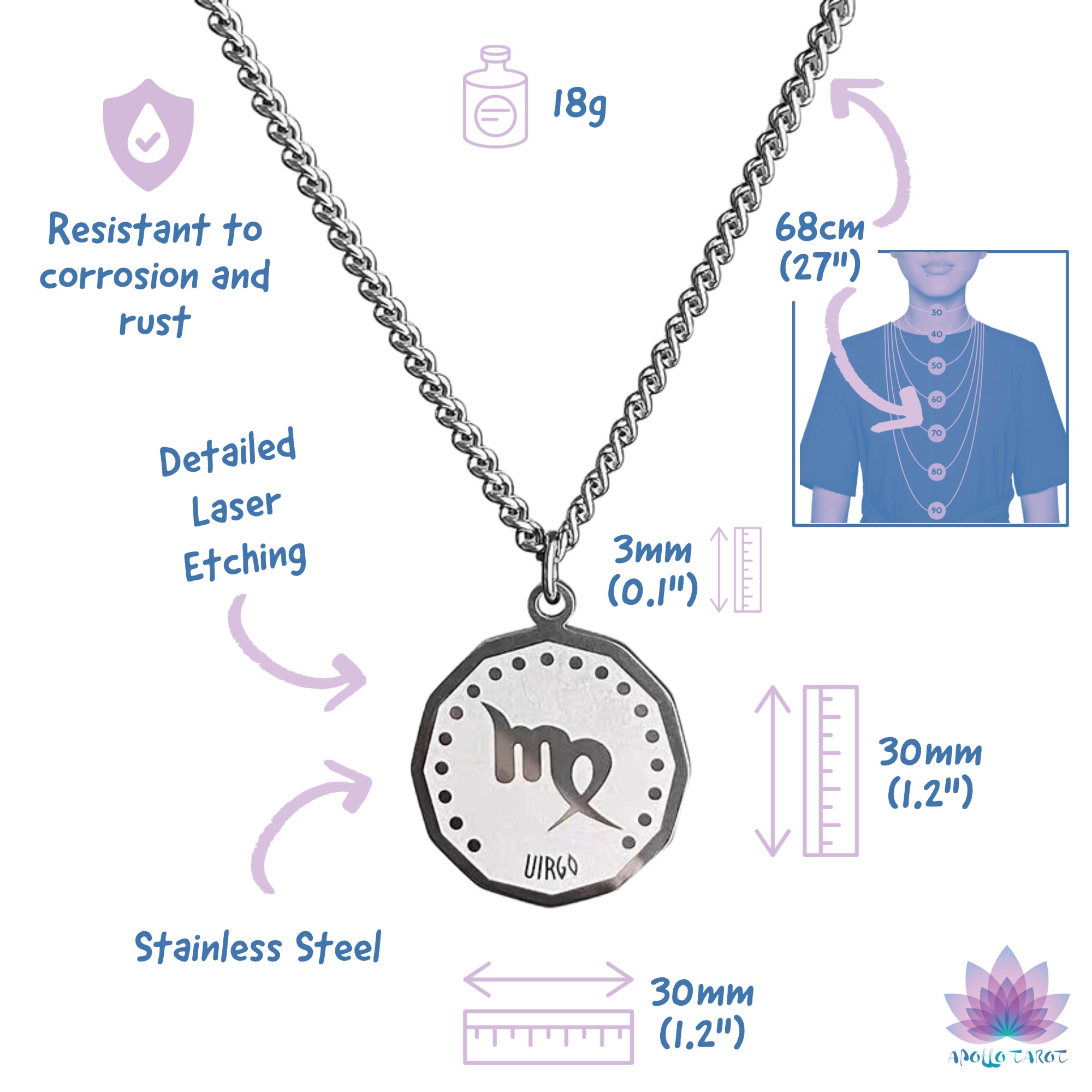 Zodiac Sign Necklace Measures And Features | Apollo Tarot Jewelry Shop