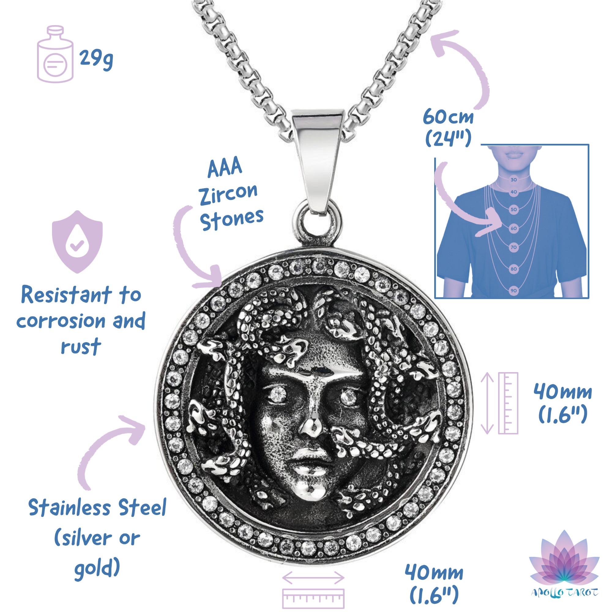 Medusa Necklace Measures And Feats | Apollo Tarot Metaphysical Jewelry Shop