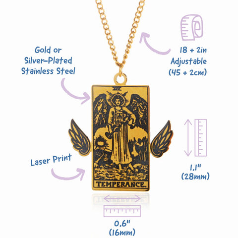 Winged Tarot Card Necklace | Gold or Silver Stainless Steel Rider-Waite Tarot Pendants | Measures | Apollo Tarot