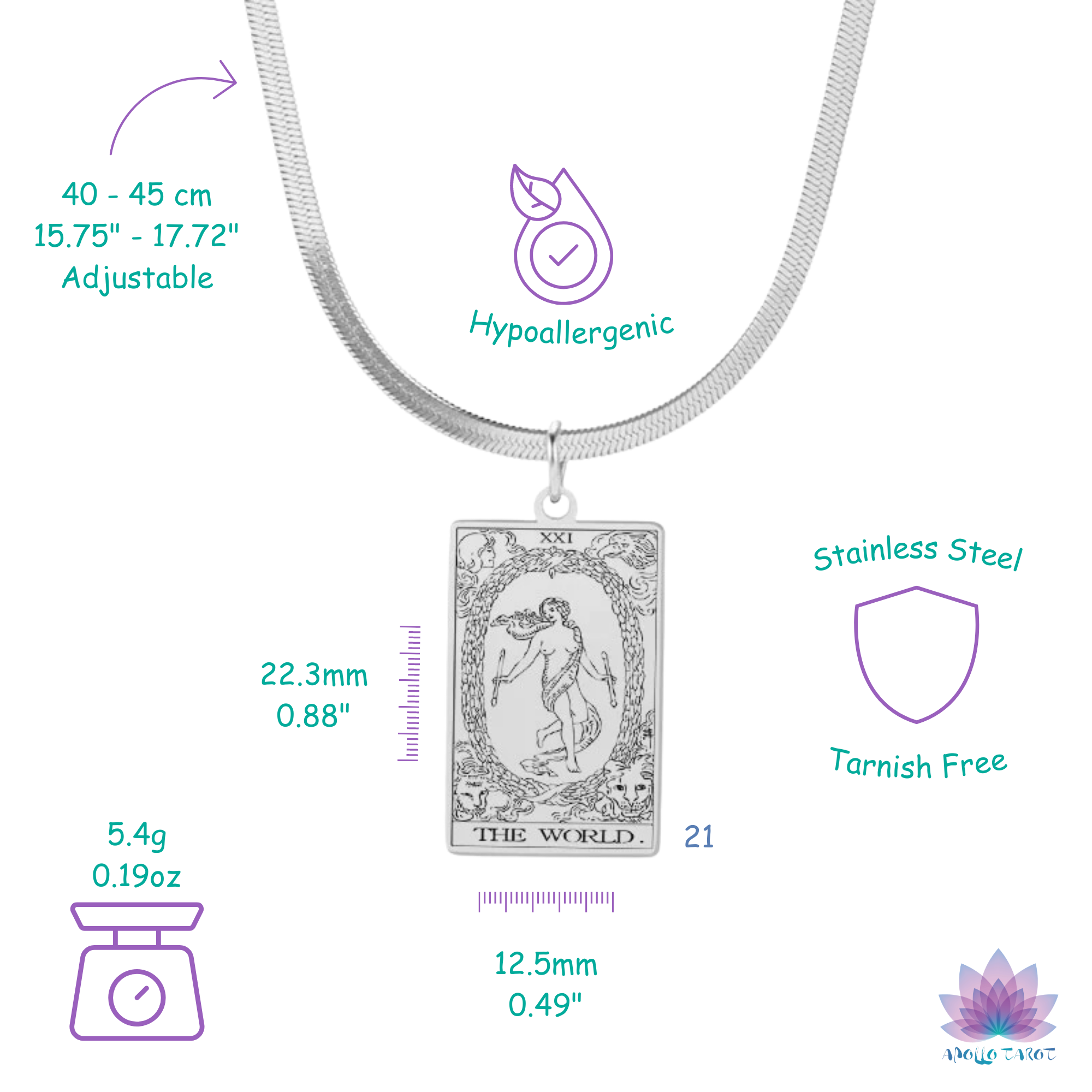 Tarot Card Snake Chain Choker Necklace Measures And Features | Apollo Tarot Jewelry Shop