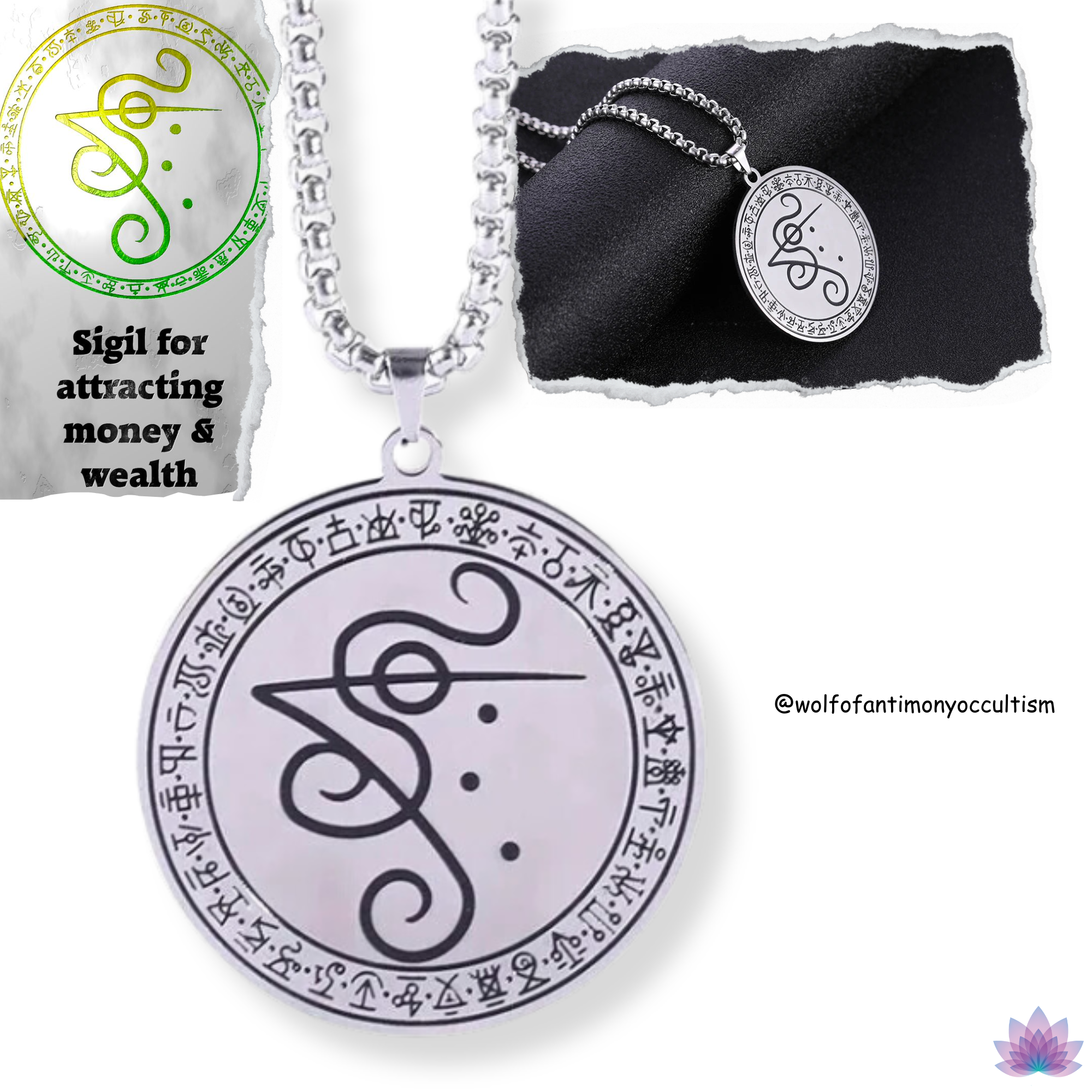 Wolf Of Antimony's Money Success Sigil Necklace • Wealth Luck Attraction Viadescioism Pendant • Chaos Magick Amulet Neo-Pagan Witch Talisman