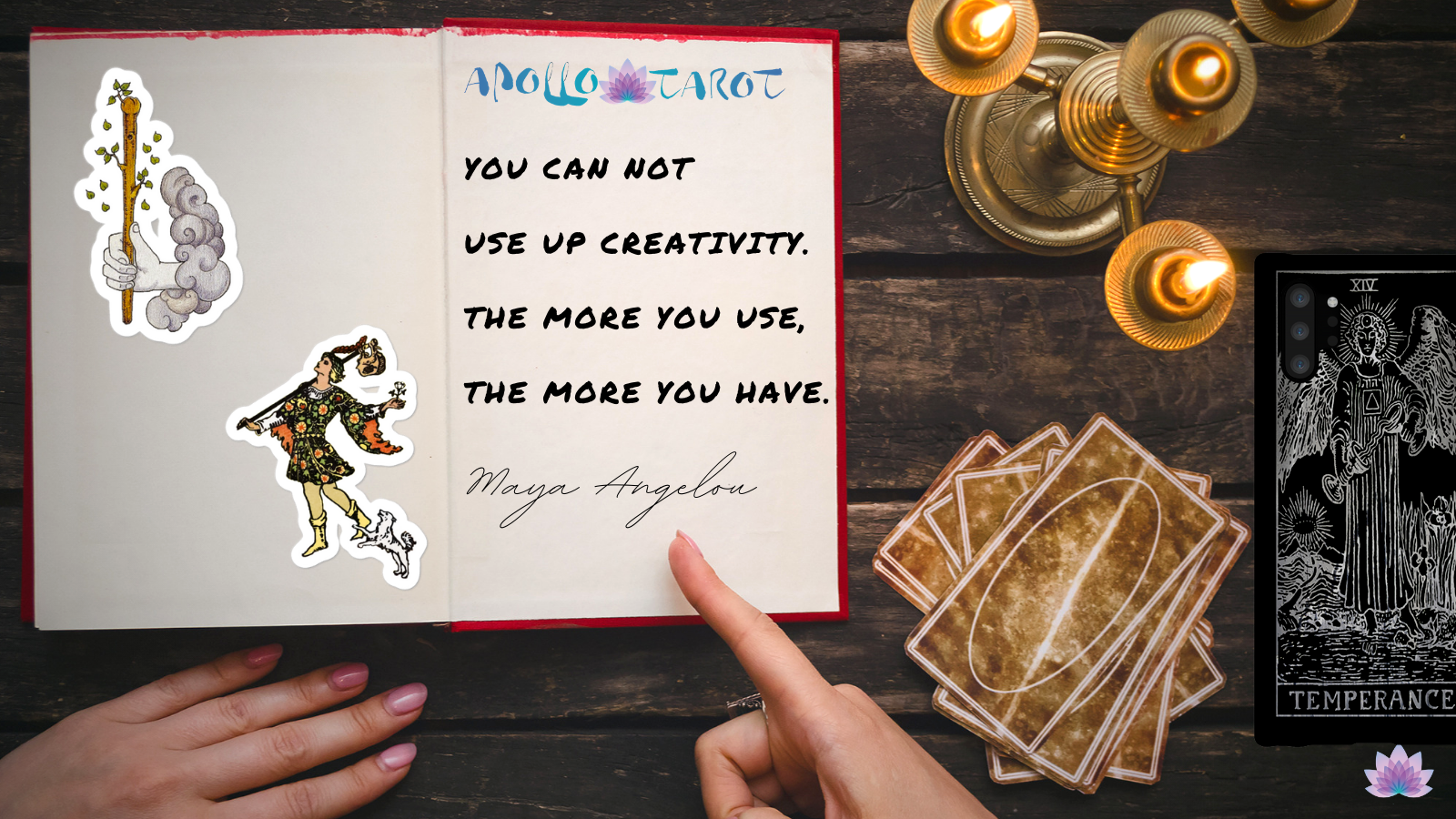 Quote from Maya Angelou about creativity used to illustrate Apollo Tarot's Full Moon in Virgo 2021 Tarot Spread blog post.