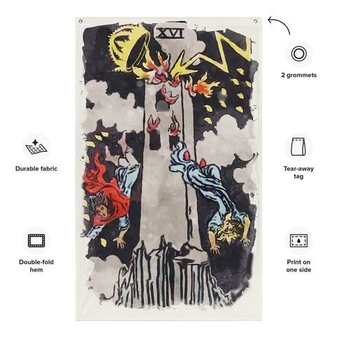 The Tower Tarot Card Wall Tapestry | Witchy Major Arcana Art Flag For Mystical Decor | Apollo Tarot