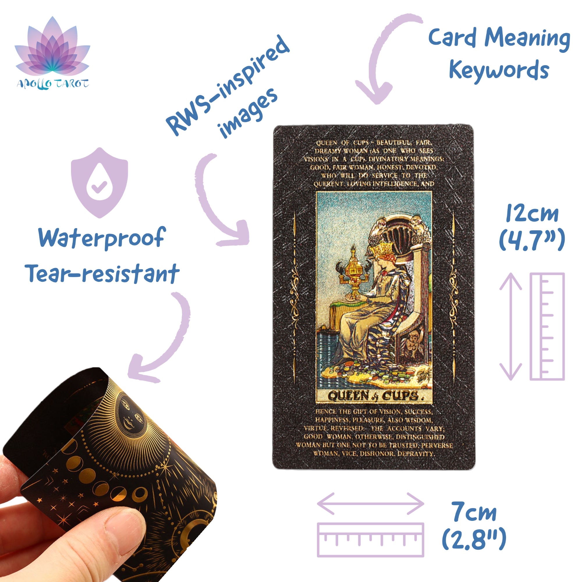 Gold Foil Beginner Tarot Deck With Card Meaning Keywords | MEasures And Features | Apollo Tarot Shop