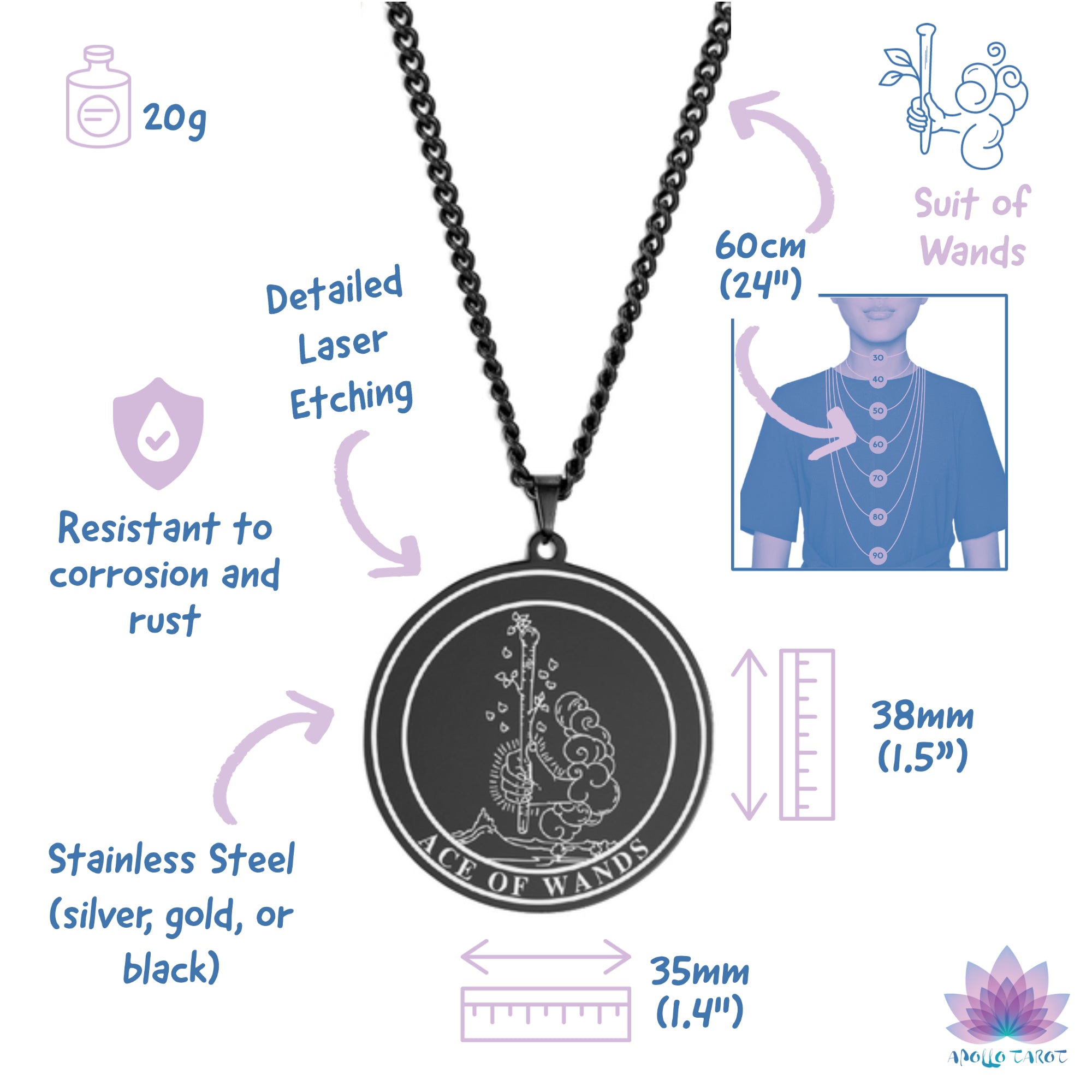 Round Tarot Card Necklace Of The Suit Of Wands | Features And Measures | Apollo Tarot Shop