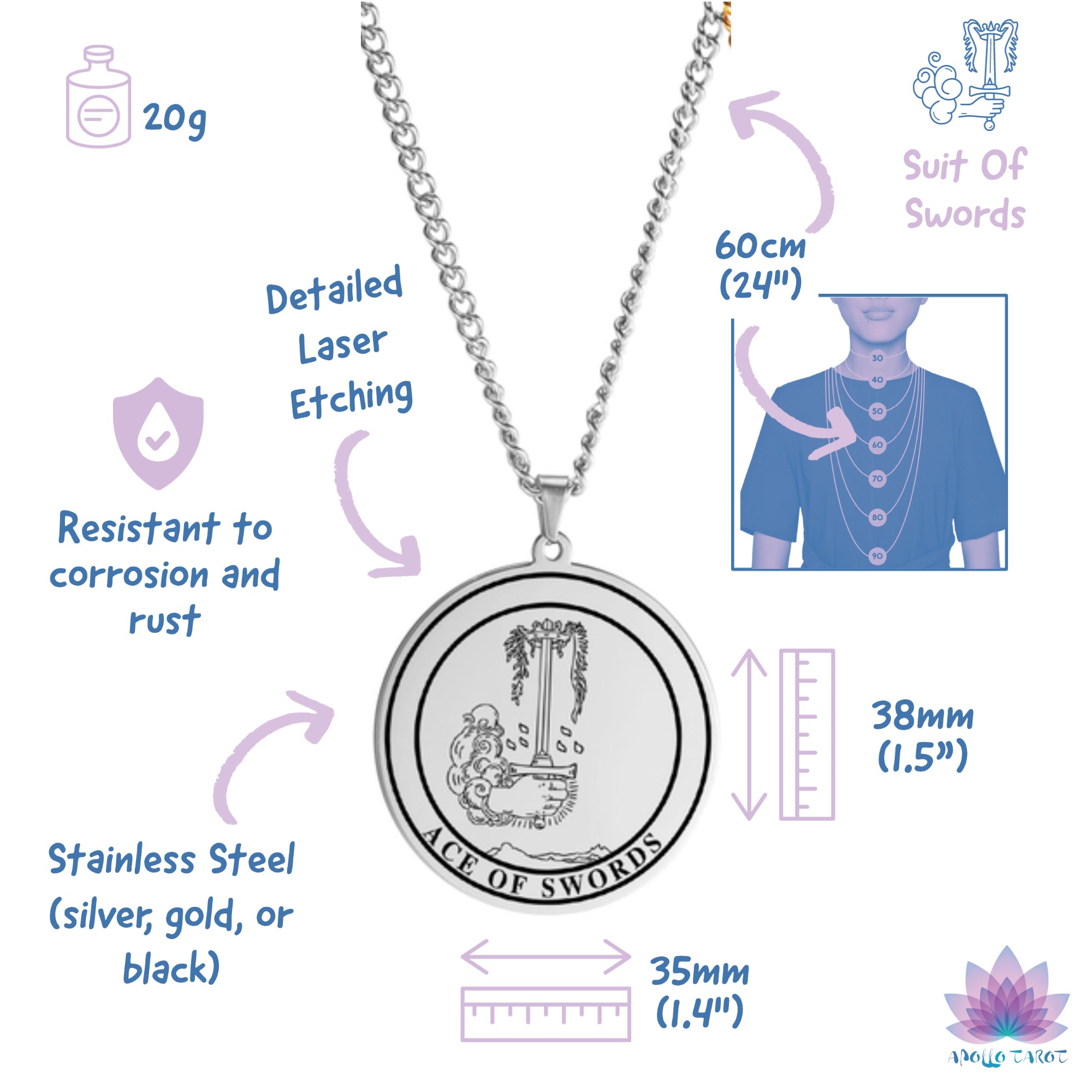 Round Tarot Card Necklace Of The Suit Of Swords Deck Of Cards | Apollo Tarot shop