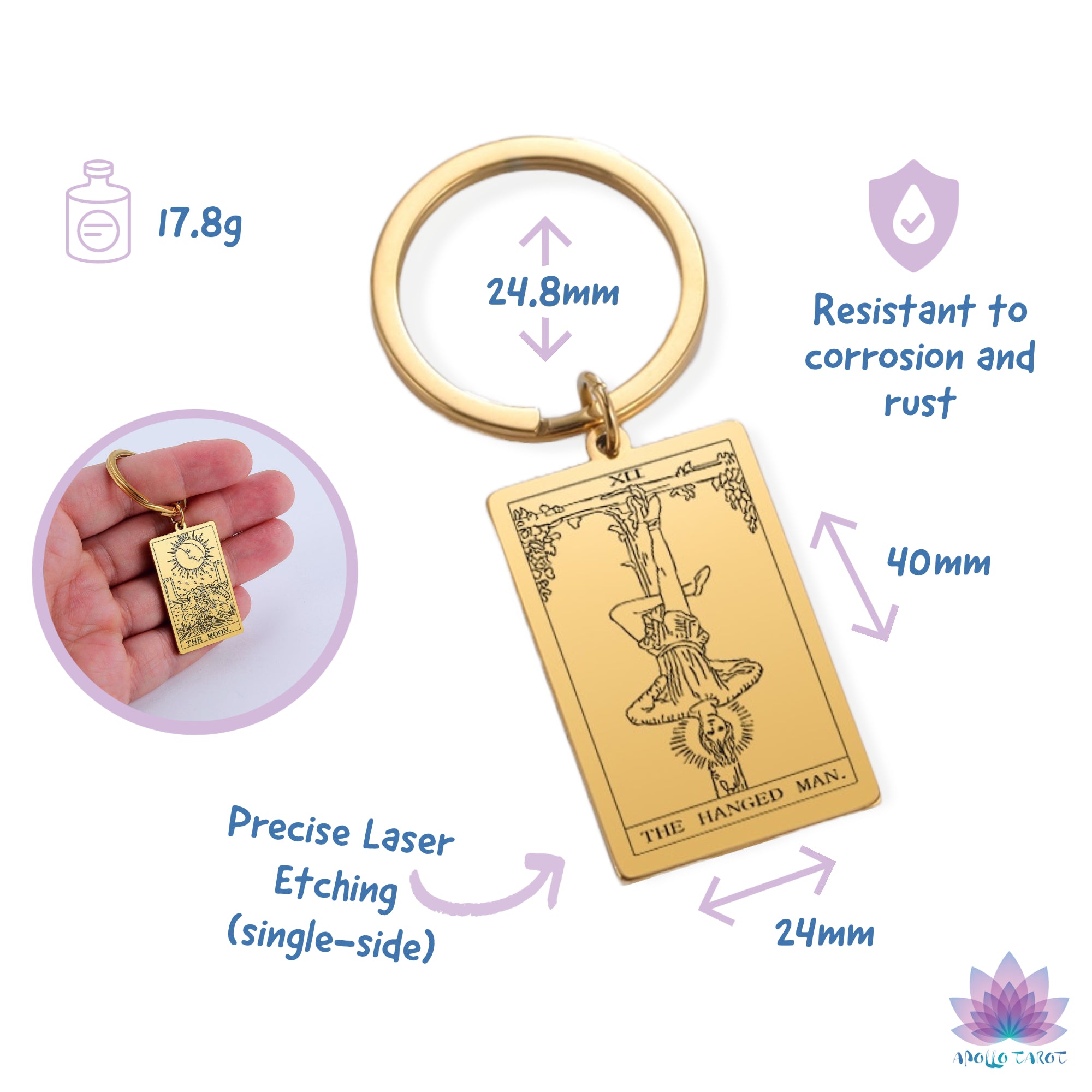 Tarot Card Gold Plated Stainless Steel Keyring Measures And Features | Apollo Tarot Shop