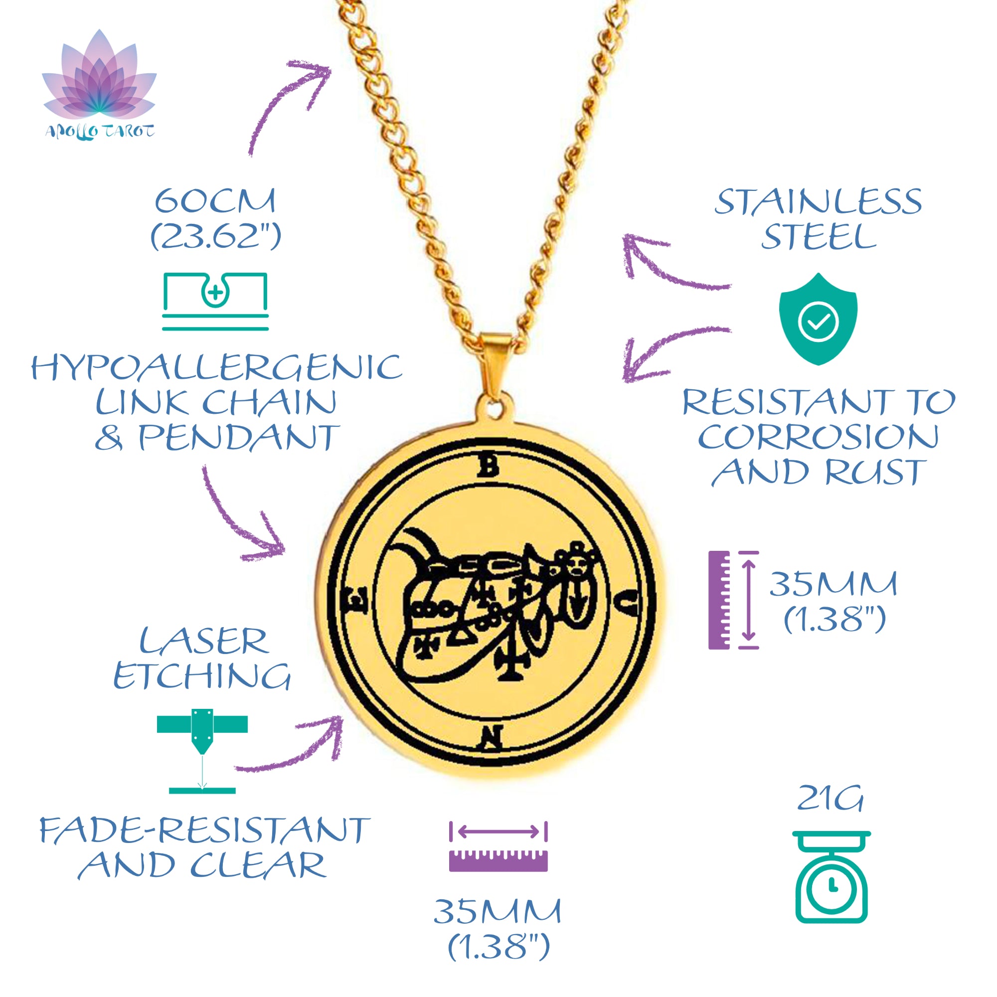 Goetia Gold Necklace 72 Demon Sigil Pendant | Apollo Tarot Shop