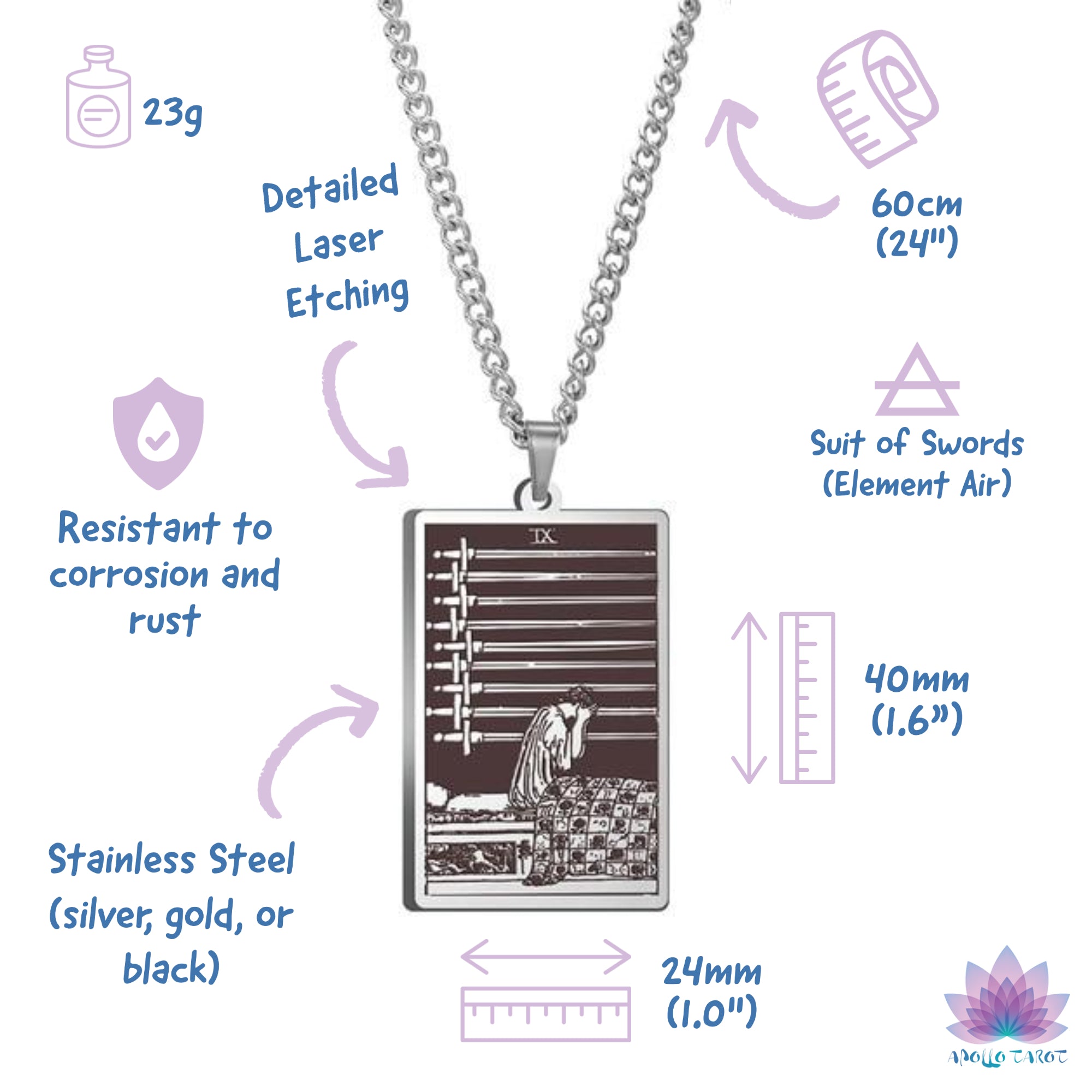 Tarot Card Necklace Of The Suit of Swords | Apollo Tarot Shop