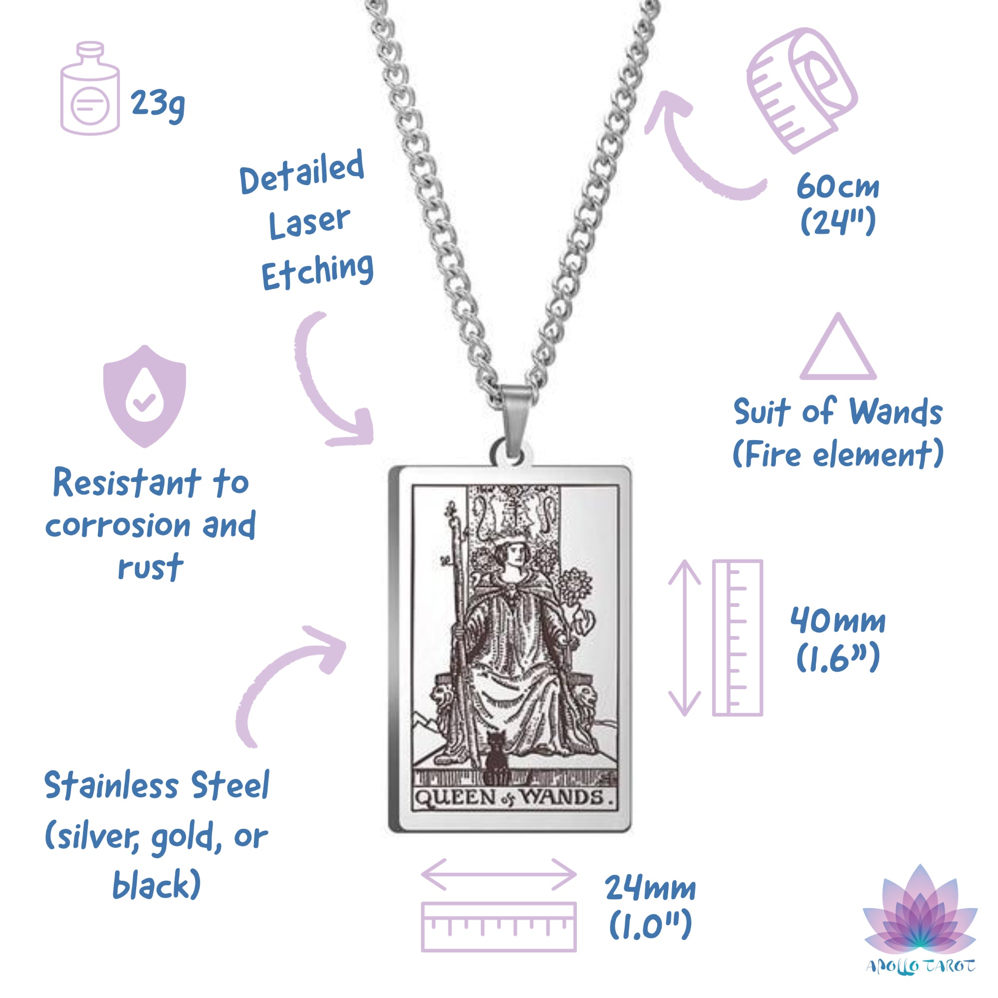 Suit of wands tarot card necklace measures | Apollo Tarot