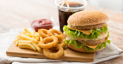 fast food meal with hamburger, fries and soft drink 