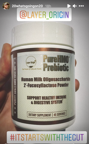 Screenshot of Instagram Post from customer holding PureHMO™ Prebiotic Powder