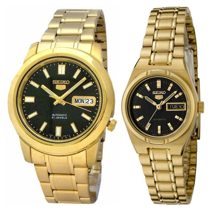 Seiko 5 Classic Black Dial Couple's Gold Plated Stainless Steel Watch –  Diligence1International