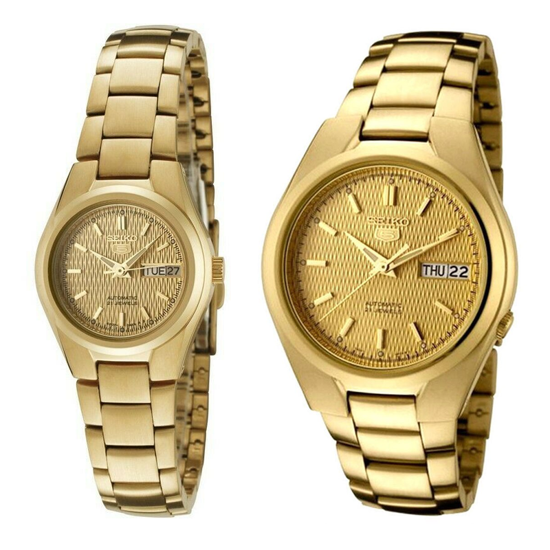 Seiko 5 Classic Gold Dial Couple's Gold Plated Stainless Steel Watch S –  Diligence1International