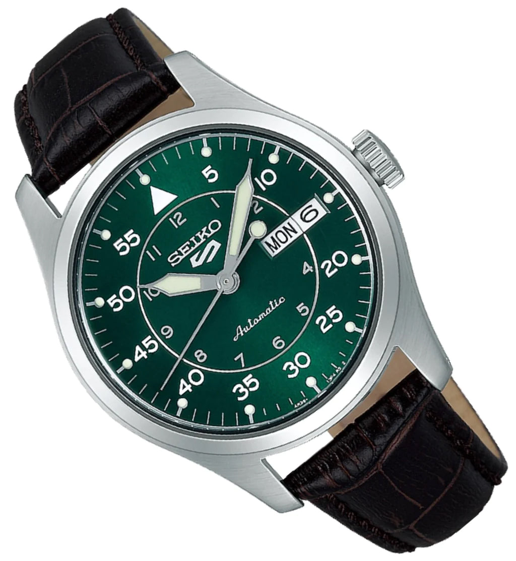 Seiko 5 100M Flieger Suit Style Green Dial Automatic Leather Strap Wat –  Diligence1International