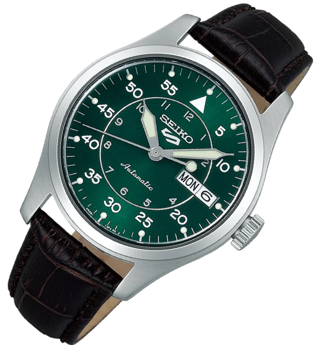 Seiko 5 100M Flieger Suit Style Green Dial Automatic Leather Strap Wat –  Diligence1International