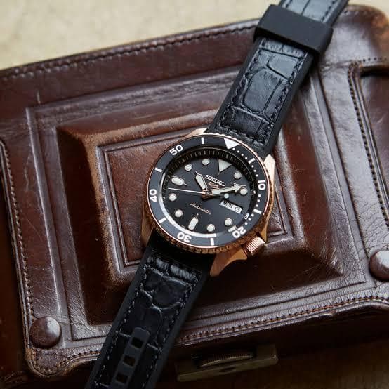Seiko 5 Sports 100M Automatic Men's Leather Strap Watch Black Bezel Di –  Diligence1International